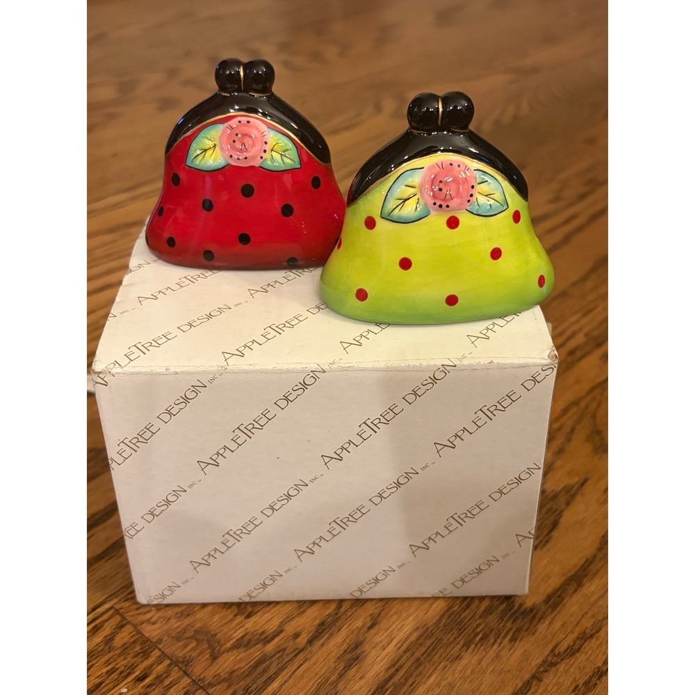 Apple Tree Design Babs Purse Salt and Pepper Shakers Set Polka Dot Rose NEW